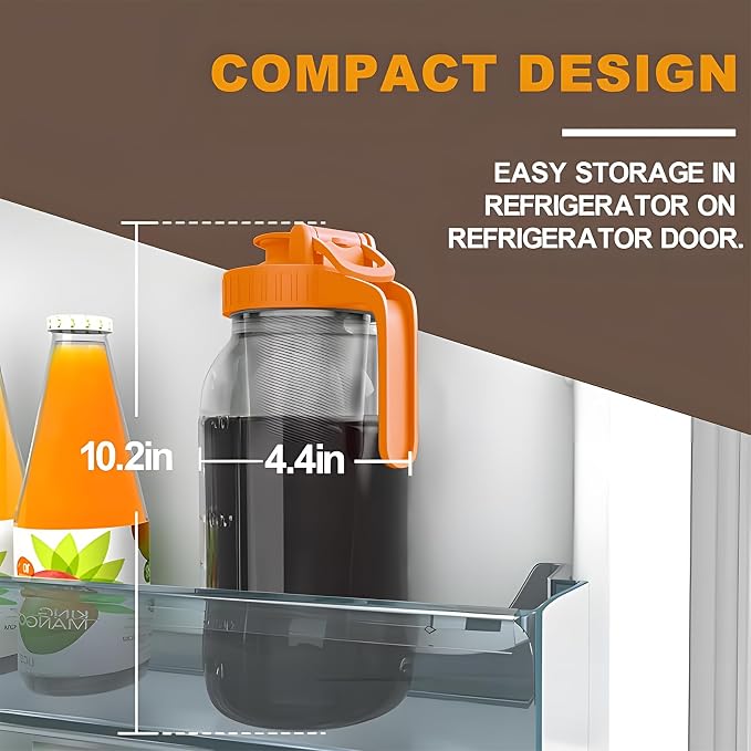 Cold Brew Coffee Maker, 64 oz Glass Mason Jar Pitcher | 100μm stainless steel filter, wide mouth design, leak-proof lid with handle, pour spout for iced coffee, tea and cold drinks