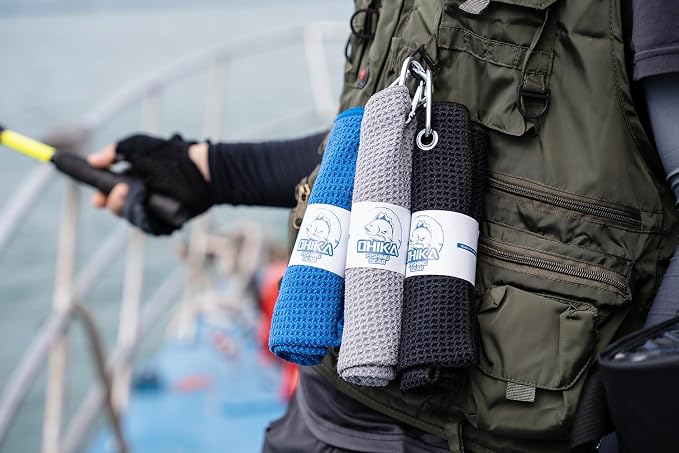 Microfiber Fishing Towels with Clip, Waffle Pattern for Effective Cleaning of Fishing Gears or Dirty Hands, 16” x 16”, Camping Towels, Hiking Towels, Pack of 3 (Black/Grey/Blue)