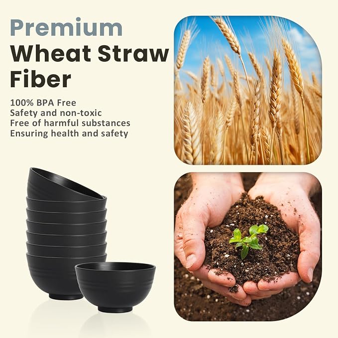 Wheat Straw Small Bowl Set of 8, Unbreakable Dessert Bowl - 10 OZ, Wheat Straw Mini Bowls for Kitchen, Kids, Microwave and Dishwasher Safe Bowls for Snack, Appetizer, Ice Cream (Black)