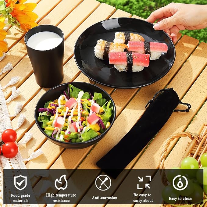 Kyraton Camping Utensils, Portable Travel Silverware Set with Reusable Light Weight Mug, Bowls and Plate, Stainless Steel Cutlery Set, Camping Mess Kit for 1 Person