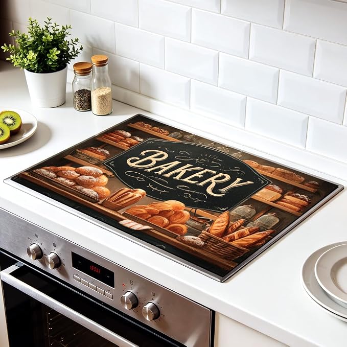 Rustic Bakery Stove Top Cover for Electric Stove, 28x20 In Mat | Heat-resistant non-slip mat holds hot cookware; glass cooktop protector, dish drying; farmhouse bread kitchen decor