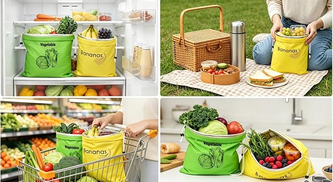 2 Pcs Banana Storage Bag with Aluminum Lining, Quick Seal Drawstring Pouches 13.7x11" for Banana & Lettuce, Reusable Produce Saver Pouches Slow Ripening for Fridge, Home Storage