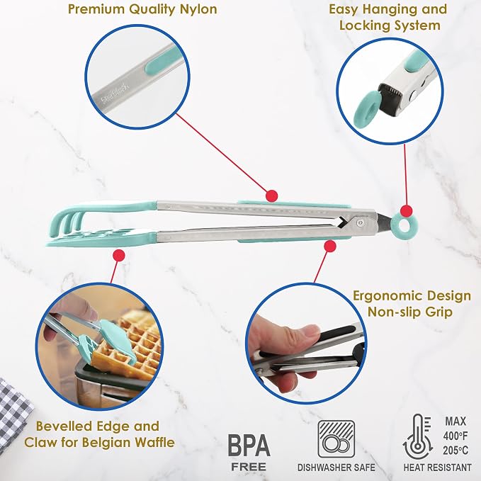 Mini Waffle Tongs by StarBlue Green – 10 Inches Silicone and Nylon Serving Tongs with Non-Slip Smooth Handles, Non-Scratch and Dishwasher Safe, Multipurpose Spatula Tongs for Belgian Waffle Serving