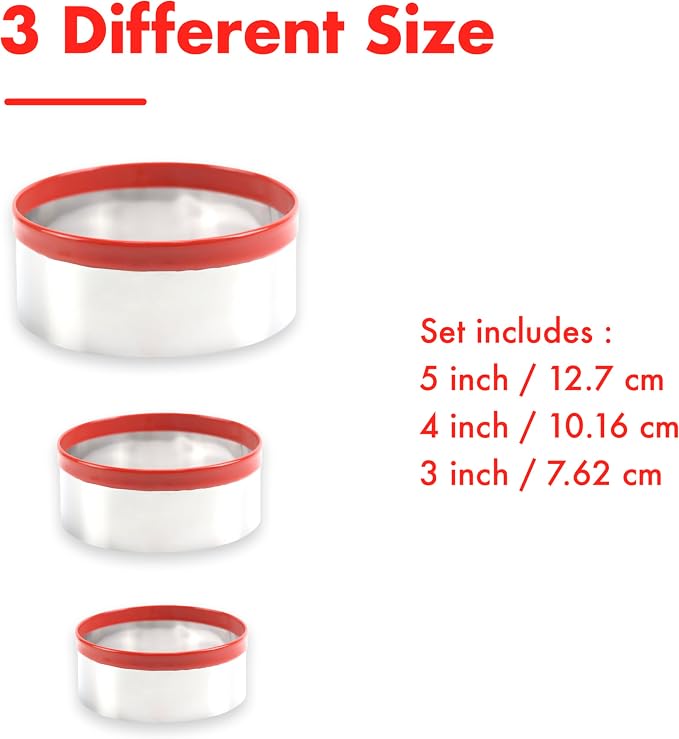 3Pcs Round Cookie Cutters 3", 4", 5", Circle Biscuit Cutter, Large Cookie Cutters, Small Cake Cutter, Dough Cutter, Unique Design with Protective Red Top PVC