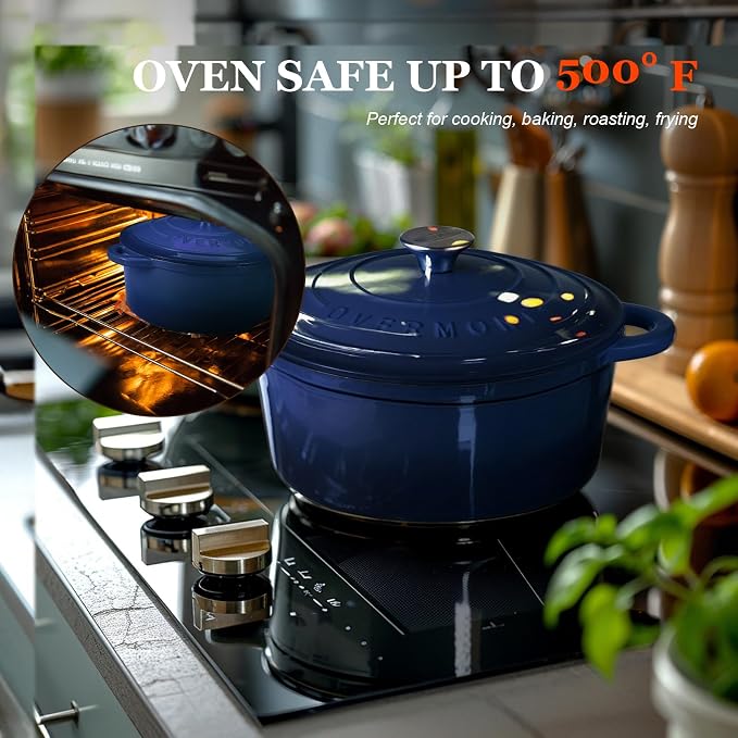 Overmont Enameled Cast Iron Dutch Oven - 7QT Pot with Lid Cookbook & Cotton Potholders - Heavy-Duty Cookware for Braising, Stews, Roasting, Bread Baking IndigoBlue