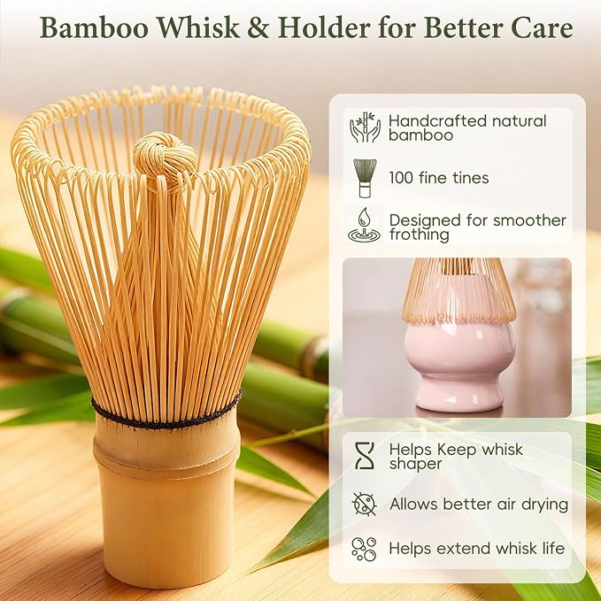 Matcha Whisk Set, Ceramic Matcha Set Includes Bowl & Holder, Bamboo Whisk (Chasen), Scoop, Spoon and Sifter, 6Pcs Matcha Kit Covers Everything Needed for Making Matcha (Leaf Pink)