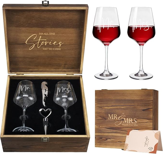 AW BRIDAL Mr and Mrs Wine Glasses, Bridal Shower Wedding Gifts for Couples | Engagement Gift for Newlyweds 2026, Bachelorette Gifts for Bride to Be, Wedding Glass with Opener Stopper Wooden Keepsake Box