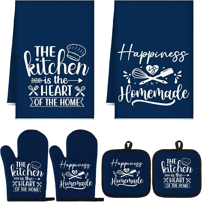 Sratte 6 Pcs Kitchen Decor Accessories Set, Kitchen, Blue | Farmhouse Kitchen Towels Pot Holders Oven Mitts Set 2 Dish Towels 2 Potholders 2 Cooking Mittens for Baking Cooking Supply