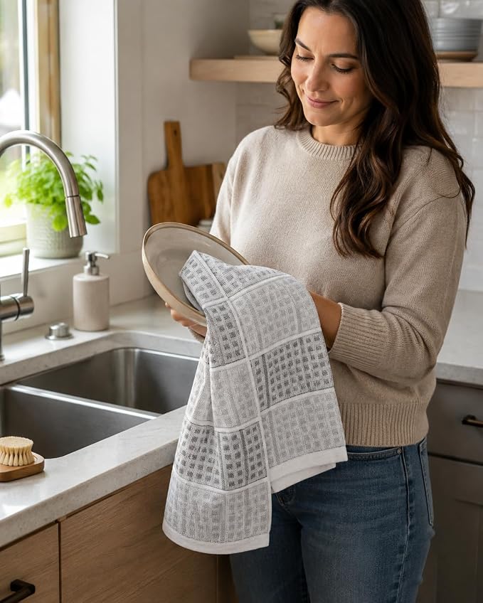 Black Gray Kitchen Dish Towels- Set of 3 100% Cotton Cloth Soft Cleaning Drying Absorbent Textured Honeycomb Weave- Oversized 28" x 18" Multipurpose Towels for Everyday Use