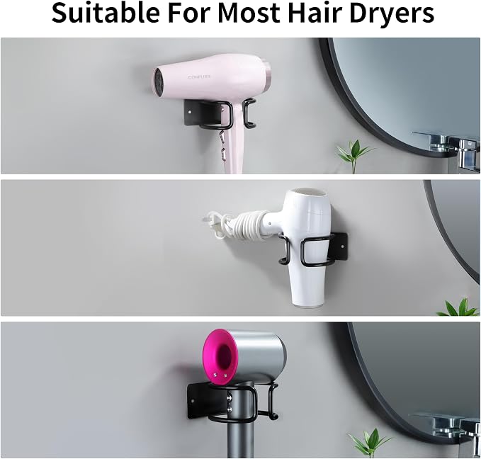YIGII Universal Hair Dryer Holder, Wall Mounted Adhesive Rack, Black | Stainless Steel Blow Dryer Hanger Compatible with Most Hair Dryers, Space-Saving Bathroom Cabinet Storage
