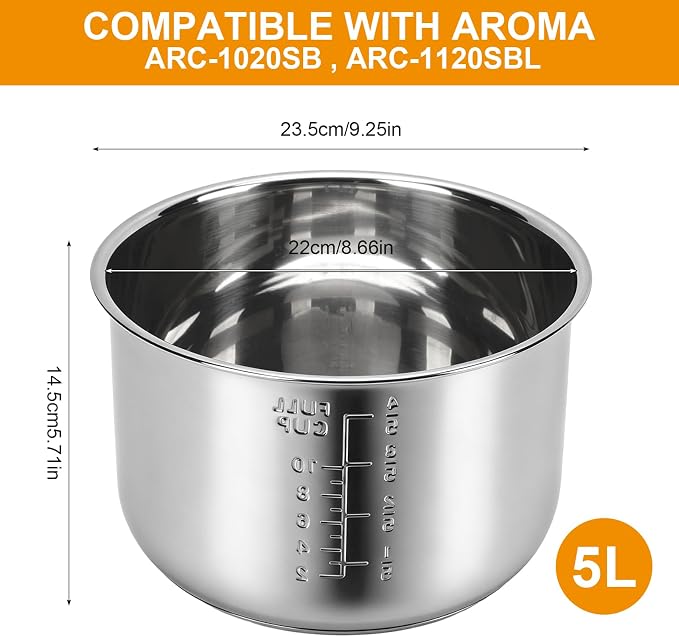 Rice Cooker Replacement Pot Compatible with Aroma ARC-1020SB & ARC-1120SBL | 5L/20-Cup Stainless Steel Rice Cooker Bowl, Dishwasher Safe Inner Pot with Even Heating for Rice,Soup & Meal Prep