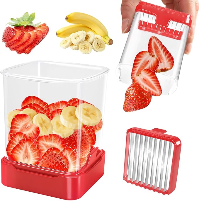 Strawberry Slicer Cup, Fruit Cutter – Quick-Slice for Meal Prep, Red | Dual-Function Base, Easy-Clean & Storable – 304 Stainless Steel Blade – Quick & Safe Slicing Kitchen Gadget