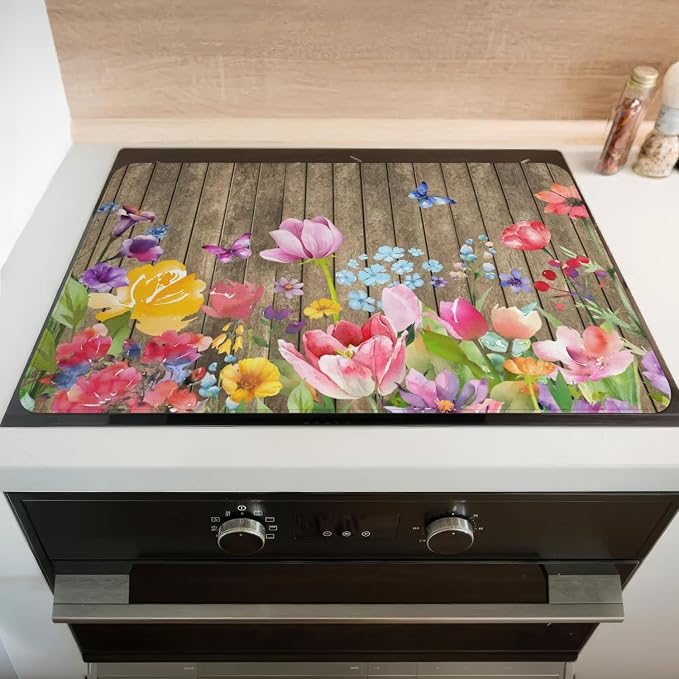 Spring Summer Glass Stove Top Covers for Electric Stove,Colorful Flower Watercolor Floral Farmhouse Heat Resistant Cooktop Protector Non-Slip Washable Dish Drying Mat Rug Pad for Kitchen Decor 28"x20"