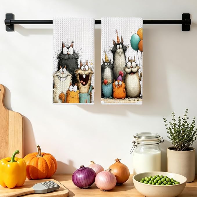 2 Pcs Cute Cat Kitchen Towels, Funny Cats Gifts Absorbent Hand Towels-05 | Cat Dish Cloths for Drying Dishes, Cats Waffle Dish Towels for Kitchen Home Bathroom Decor, Cat Lover Gifts for Women Mom