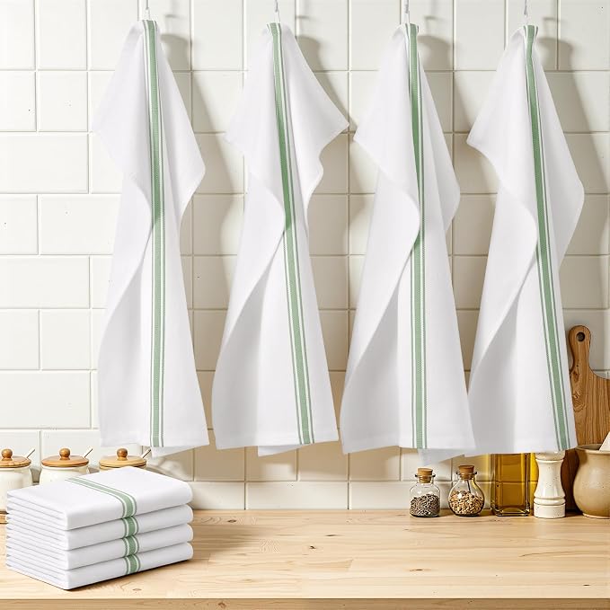 Homaxy 100% Ring Spun Cotton Kitchen Towels 12 Pack, Grass Green Stripe | 15 x 25 Inch, Highly Absorbent Dish Towels for Kitchen Drying, Reusable Cleaning Cloths, Soft Tea Towels with Hanging Loop