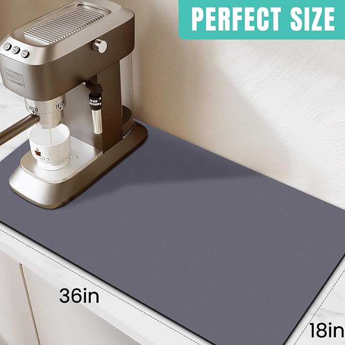 Coffee Mat Super Absorbent Dish Drying Mat Coffee Bar Mat 18"x 36", Grey | Match with Coffee Machine Accessories Large Drying Mats for Kitchen Counter