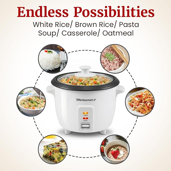 Elite Gourmet ERC003NSTX Rice Cooker & Food Steamer, Non-Stick Pot, White | Keep Warm - Glass Lid - Steam Tray Included - One-Touch Cooking - Includes Measuring Cup and Rice Scoop