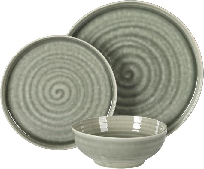Gibson Elite Eclipse Swirls Plates and Bowls Sets, 12-Piece Stoneware Dinnerware Sets, Reactive Glaze Dish Set - Green