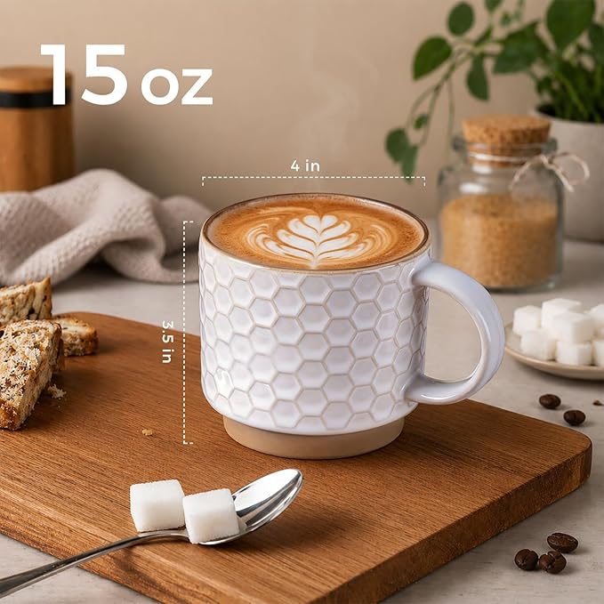 GBhome 15 OZ Stackable Coffee Mugs Set of 4, Ceramic Coffee Cups Set | 4 Assorted Designs, Embossed Mugs with Texture Patterns for Tea/Coffee, Dishwasher&Microwave Safe, Off White