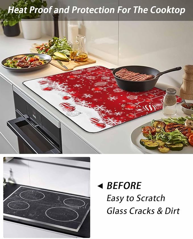 Stove Top Covers for Electric Stove 36x21 Inches,Christmas HeatResistant Glass Cooktop Protector,Red Merry Xmas Glitter Sparkle Bokeh Snowflake Winter Ceramic Stovetop Countertop Covers Mat,Oven Cover