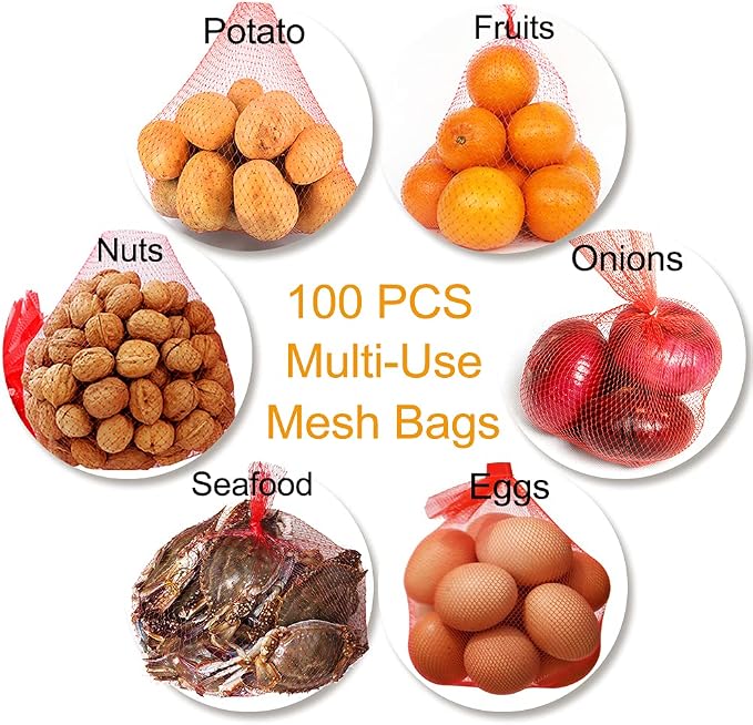 TEMUCY Plastic Mesh Produce Bags, 24 Inch Seafood Boil Bags for Crawfish Crab Shellfish Cooking (Red-100PCS)