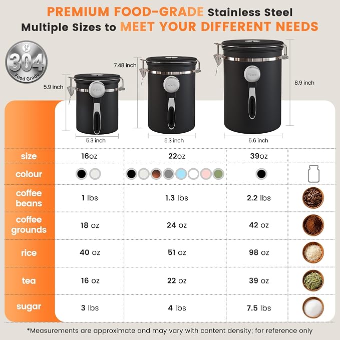 Veken Coffee Canister with Window, Airtight Stainless Steel Container, 22OZ | Kitchen Food Storage Pantry Organizers for Beans,Ground,Espresso,Rice,Tea,Sugar,Bar Accessories,Gifts,Lids,Jars, Scoop, Black