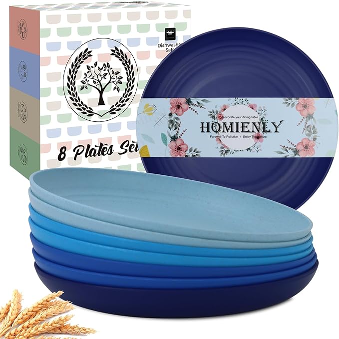 Deep Dinner Plates Unbreakable Wheat Straw Plate Set of 8 Microwave and Dishwasher Safe Kitchen Plates for Lunch, Camping, Outdoor, RV, Reusable Plastic Plates 9 inch (Ocean Series)