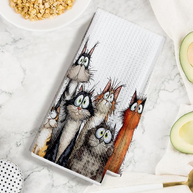 2 Pcs Cute Cat Kitchen Towels, Funny Cats Gifts Absorbent Hand Towels-03 | Cat Dish Cloths for Drying Dishes, Cats Waffle Dish Towels for Kitchen Home Bathroom Decor, Cat Lover Gifts for Women Mom