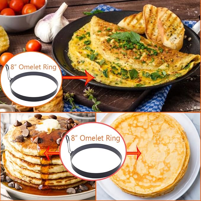 Large 2 Pack 8" Omelette Ring for Griddle, Non-stick Stainless Steel Pancake Ring with Silicone Handle Grill Oil Brush Egg Separator