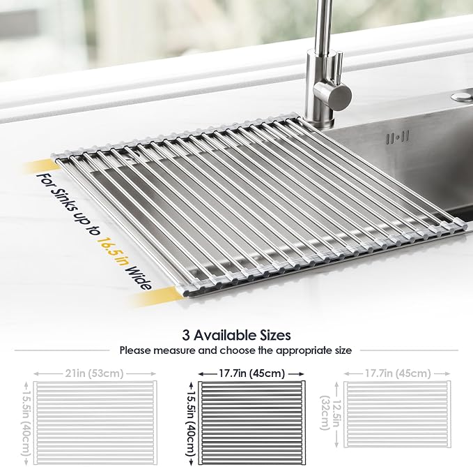 Tomorotec Roll Up Dish Drying Rack Over Sink, 304 Steel, 17.7x15.5, Marble | Anti-Slip Silicone Rims For Grip, Heat-Resistant Trivet Mat Holding Heavy Cookware, Rustproof Kitchen Counter Space Saver