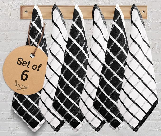Urban Villa Kitchen Towels Cotton Dish Towels 12”x12” (Set of 6) Black White