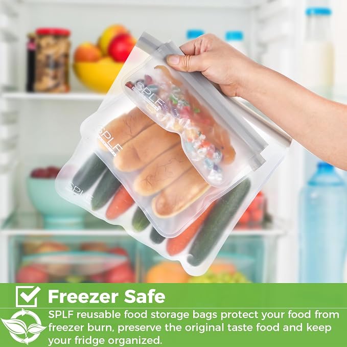 SPLF 18 Pack Reusable Food Storage Bags Dishwasher Safe | Extra Thick Reusable Freezer Bags Leakproof Silicone and Plastic Free Lunch Bag- 6 Gallon, 6 Sandwich, 6 Snack