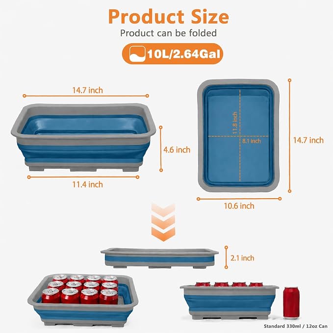 Goderewild Collapsible Dish Pans – 10L (2.6 Gal) Foldable Sink Tub, 14.7x10.6x4.6 in(L×W×H), Compact and Space-Saving Multiuse Foldable Basin for Dish Washing, Camping, RV and Vegetable Cleaning(Blue)
