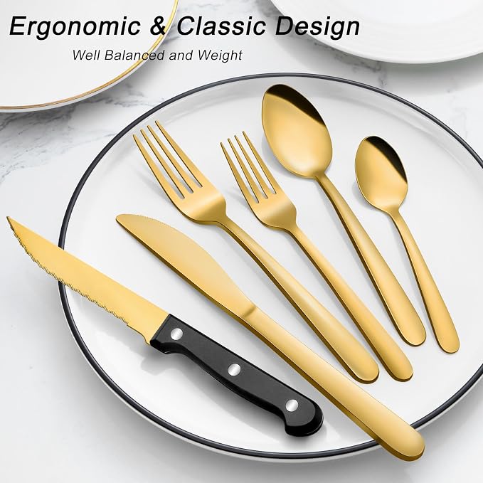 Pleafind 72Pcs Gold Silverware Set for 12 - Dishwasher Safe, Flatware Set with Steak Knives, Stainless Steel Cutlery Set, Include Forks Spoons and Knives Set, Utensil Sets for Home Restaurant