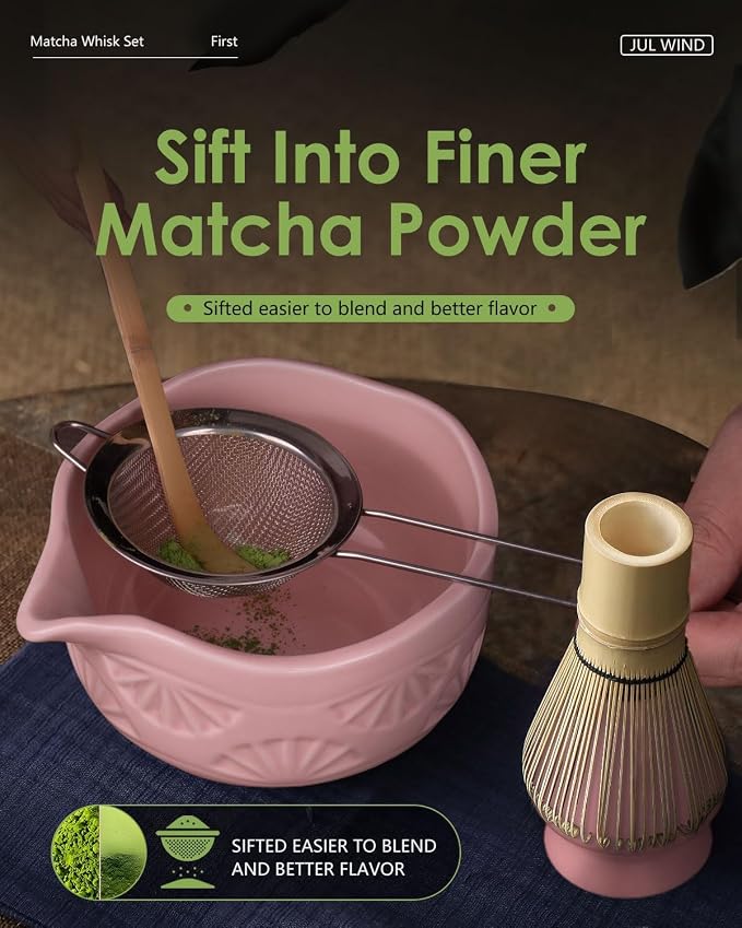 Matcha Whisk Set, Ceramic Matcha Set Includes Matcha Bowl and Matcha Whisk | Holder, Spout, Bamboo Scoop, Sifter and Tea Towel - 6 Pcs Matcha Kit Gift for Matcha Lovers Beginners