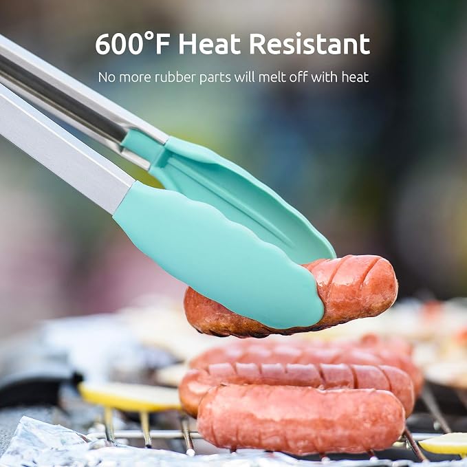 U-Taste Kitchen Tongs for Cooking, 600ºF Heat-Resistant Tps, 3Pcs/Aqua Sky | Silicone Tong Set 7/9/12in, Salad/Grill/BBQ Plastic Tongs for Food Serving, Rubber Thong with 18/8 Stainless Steel Handle