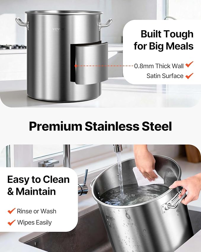 VEVOR Stainless Steel Stockpot, 42 Quart Large Cooking Pots, Cookware Sauce Pot with Strainer, Lid, and Handle, Heavy Duty Commercial Grade Stock Pot, Sanding Treatment, for Large Groups Events Silver