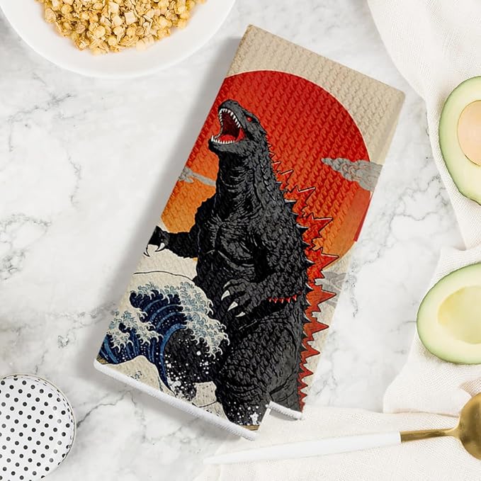 4 Pcs Funny Cat Kitchen Towels, Godzilla Japanese Cats Gifts Hand Towel | Cat Lover Gifts for Women Mom Microfiber Dish Cloths for Drying Dishes, Waffle Dish Towels for Kitchen Home Decor 24x14 Inch