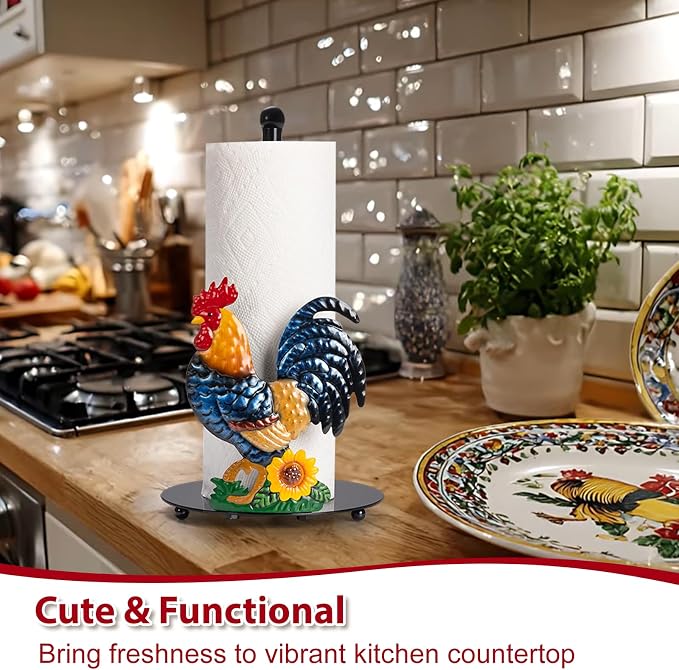 Rooster Paper Towel Holder Countertop for Kitchen, Farmhouse Chicken Decor | Sunflower & Chicken Farmhouse Kitchen Decor and Accessories, Rustic Housewarming Gifts, Roll Dispenser with Weighted Base