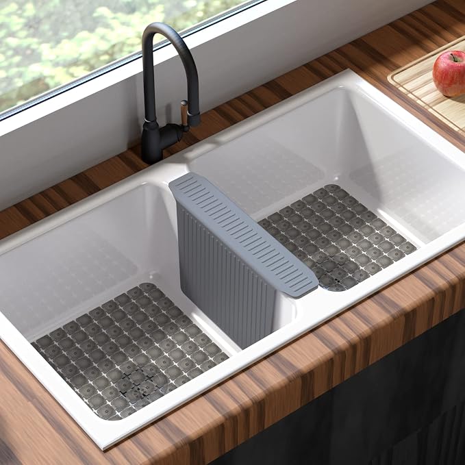 Bligli Silicone Sink Divider Mat, Large Durable Sink Saddle Pad with No Suction Cup, Kitchen Divided Sink Protector Mat for Glassware Dishes, Easy to Clean and No Smell, 12.8" x 17.6" (Grey,1 PACK)