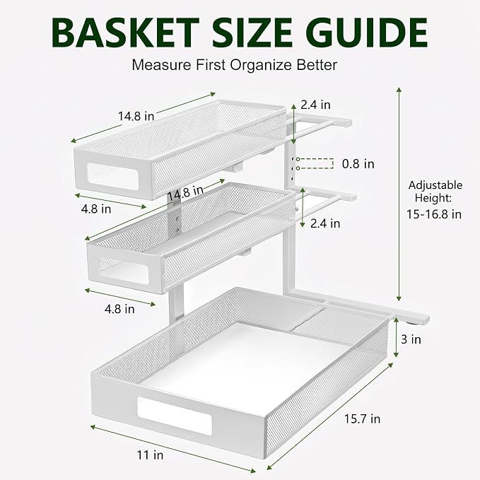 3 Tier Under Sink Organizer,2 Pack Pull Out Cabinet Shelves with Adjustable Height,Heavy Duty Carbon Steel L-Shaped Storage for Kitchen Bathroom Sink,Pantry & Laundry,White