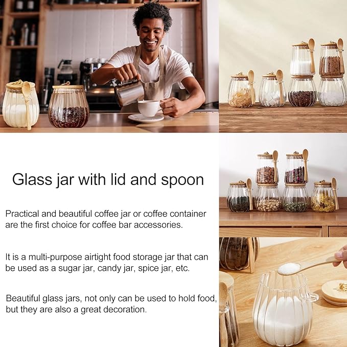 CNWSGEM Sugar Bowls Sugar Container 25.36 FL OZ Glass Coffee Canister Airtight Food Storage Jar with Lid and Spoon Candy Jar Coffee Bar Accessories Storage Beans Powder (Conical)