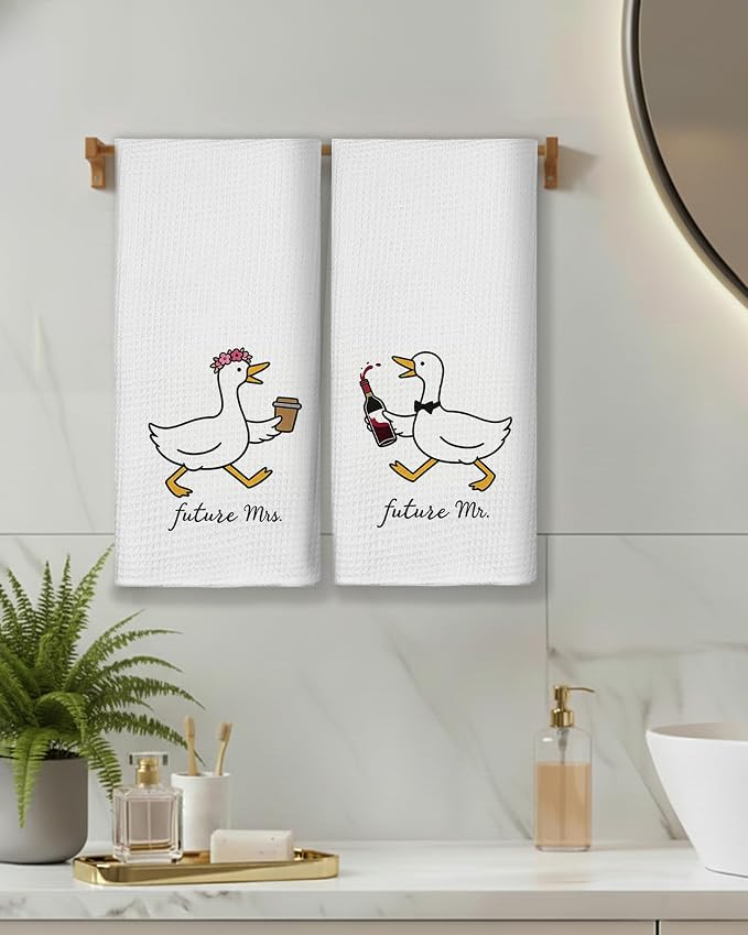 Funny Goose Couple Kitchen Towels, Engagement Newly Engaged Gifts Dish Tea Towels for Kitchen Decor, Future Mr and Mrs Gifts Decorative Hand Towel for Bathroom, 16x24 Inch Set of 2