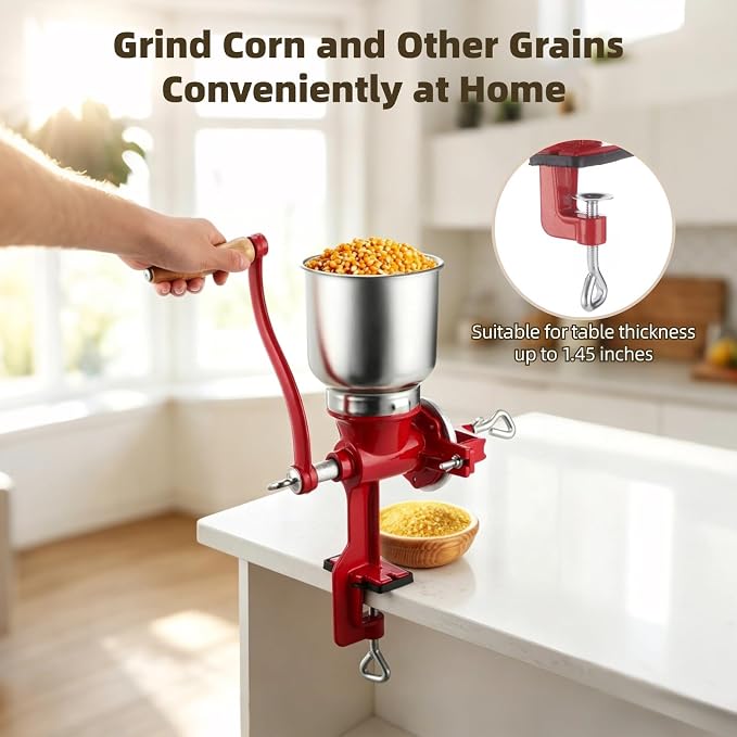Corn Grinder Grain Manual,Cast Iron Crank Corn Grain Mill Grinder with High Hopper,Hand Powered Flour Mill,Wheat Grinder with Adjustable Coarseness & Wooden Handle for Home,17.7" Tall & 5.5" Hopper