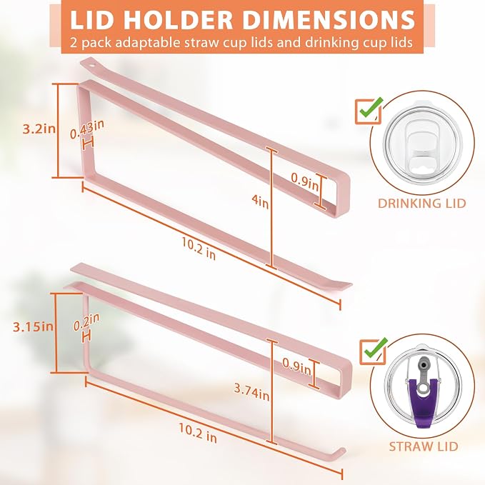 2 Pack Tumbler Lid Organizer, Versatile Storage Holds 20 Lids, Round&Flat | Space Saving Cup Lid Organizers Inside Cabinet Tumbler Lid Hook for Pantry Kitchen Organizer, Paper Towel Rack Hanger, Pink