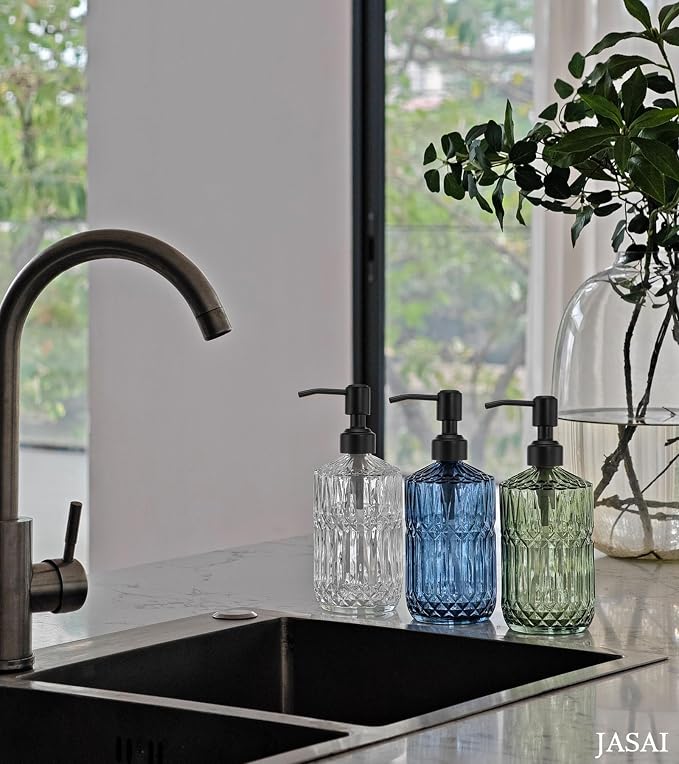 JASAI 18 Oz Blue Soap Dispenser with Black Rust Proof Pump | Refillable Kitchen soap Dispenser with Thick Glass, Soap Dispenser Bathroom for Hand soap, Dish Soap, Lotion, Liquid Soap