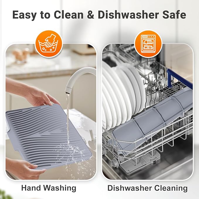 Silicone Dish Drying Mat for Kitchen counter | 15.8"x13" Dish Drainer Mat, Heat-Resistant Kitchen Counter Mat & Over-Sink Drying Tray, Drainage Spout & Hanging Hook, Grey