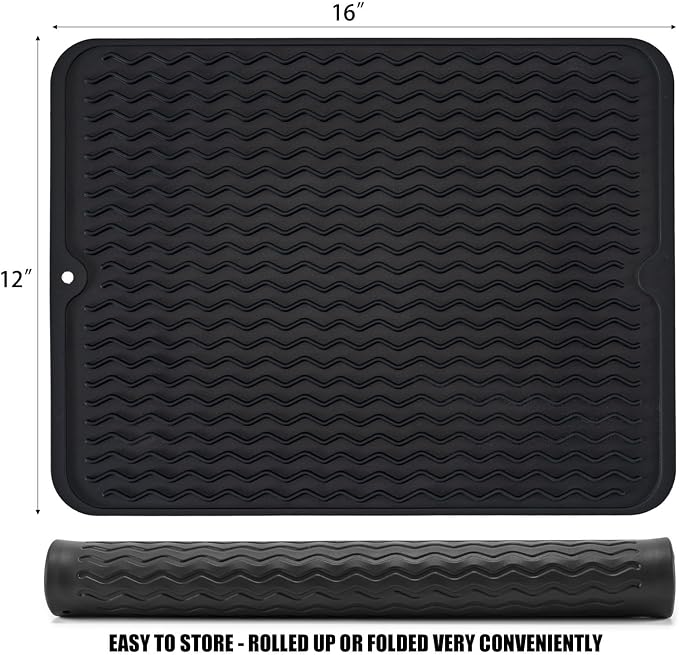 Silicone Dish Drying Mat, Non-Slip Easy Clean Sink Mat, Black, 16" x 12" | Quick-Dry Ridges, Large Heat-resistant Dish Drainer Mat for Kitchen Counter, Hangable & Roll-Up for Storage, Dishwasher Safe