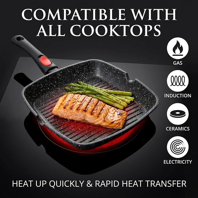 Moss & Stone Grill Pan for Indoor Cooking 11Inch Nonstick Square Grill Pan | RV Induction Griddle Pan with Removable Handle for Gas, Electric & Ceramic Stovetops, Oven Safe Skillet with Pour Spouts