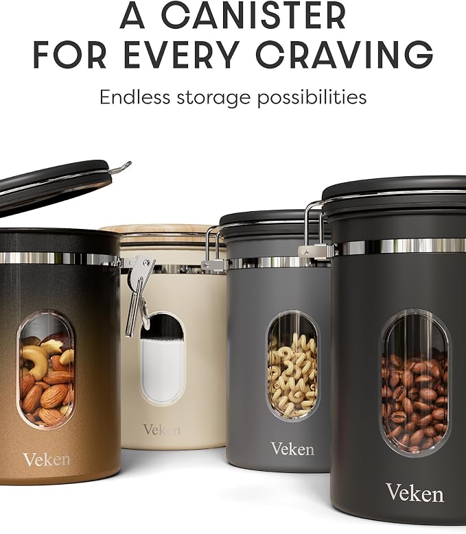 Veken Coffee Canister with Window, Airtight Stainless Steel Container,Date Tracker, Kitchen Food Storage Jars for Beans, Ground, Espresso, Rice,Tea,Sugar, Cereal, Gifts, Scoop,Copper, 22OZ (Pack of 2)